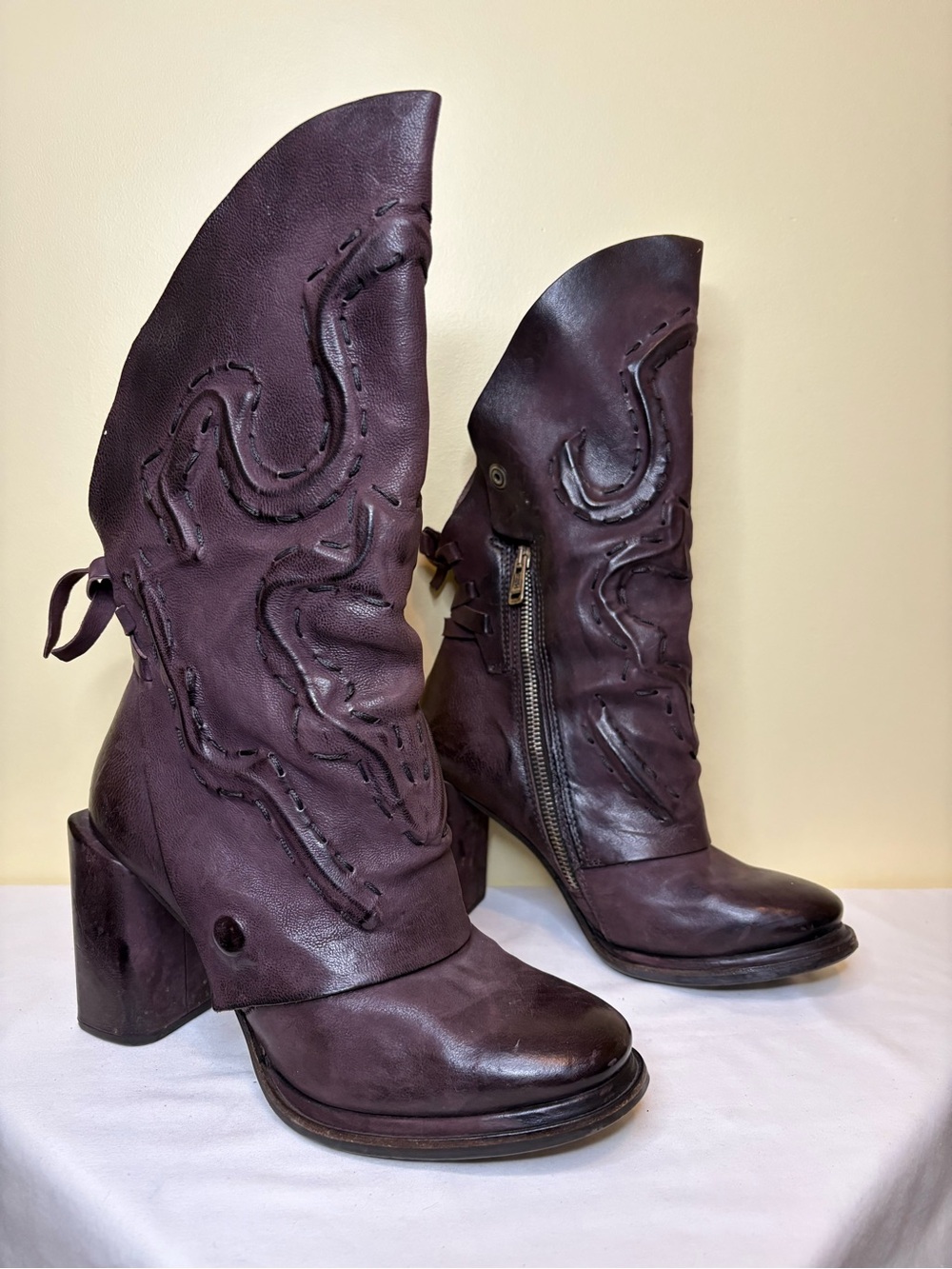A.S.98 Deep Plum Leather Mid-Calf Heeled Boots Size 37